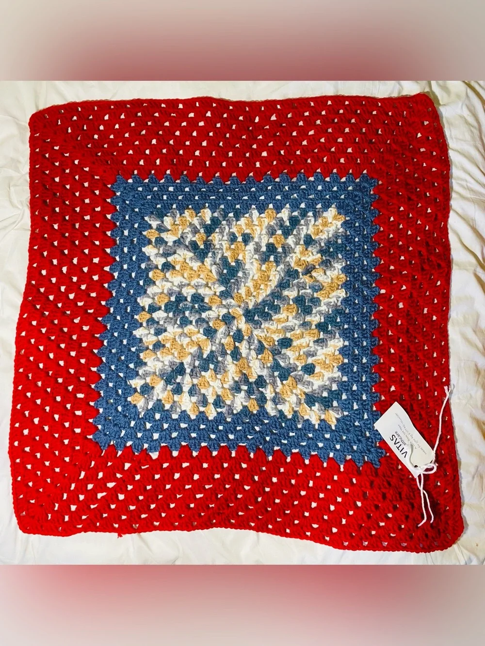 Handmade Red, Blue & Cream Crochet Throw Blanket - Home Holiday